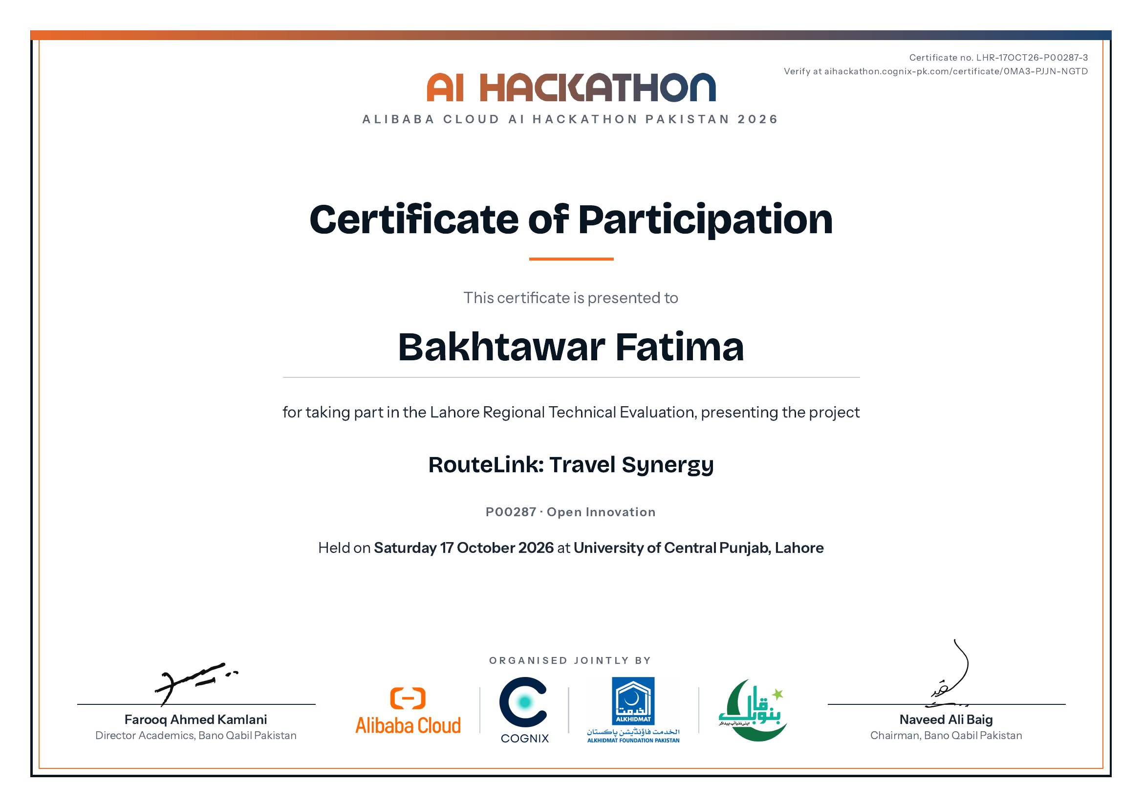 Certificate of Participation issued to Bakhtawar Fatima