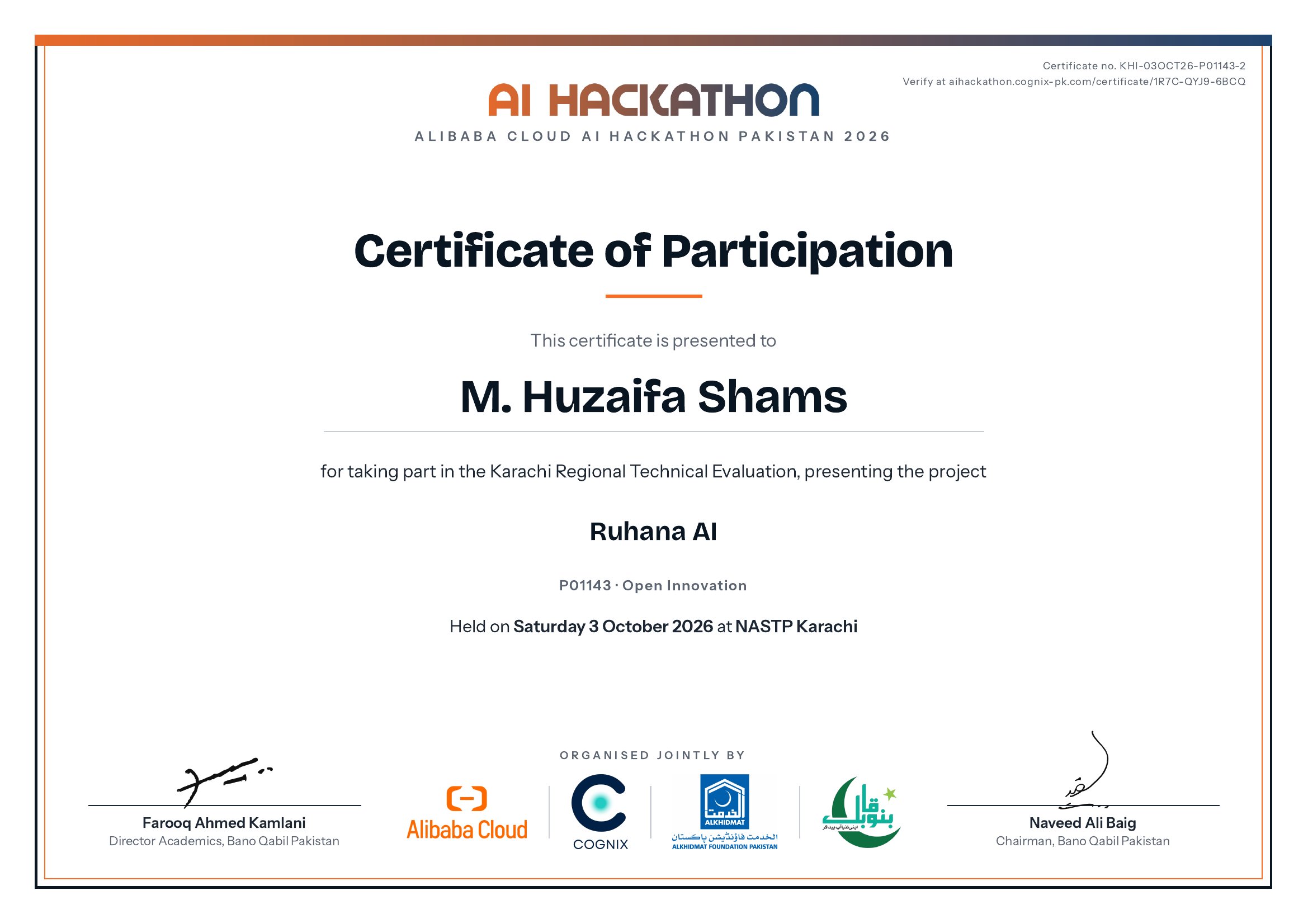 Certificate of Participation issued to M. Huzaifa Shams