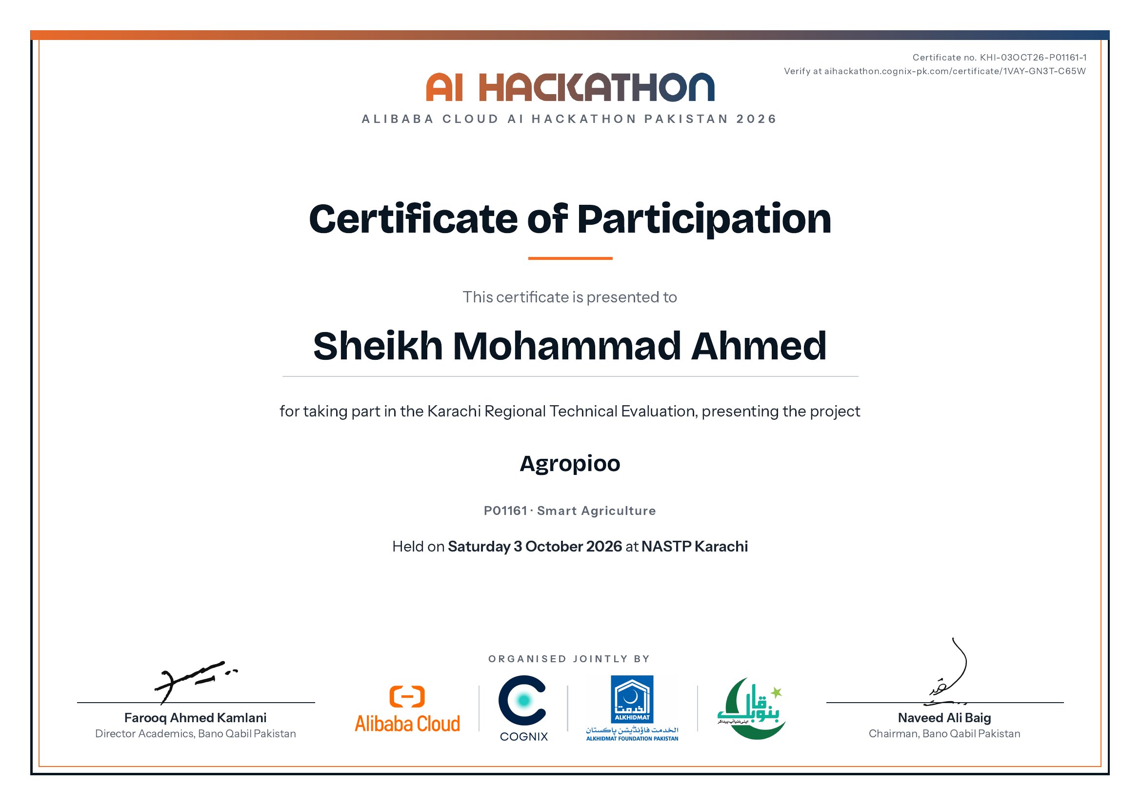 Certificate of Participation issued to Sheikh Mohammad Ahmed