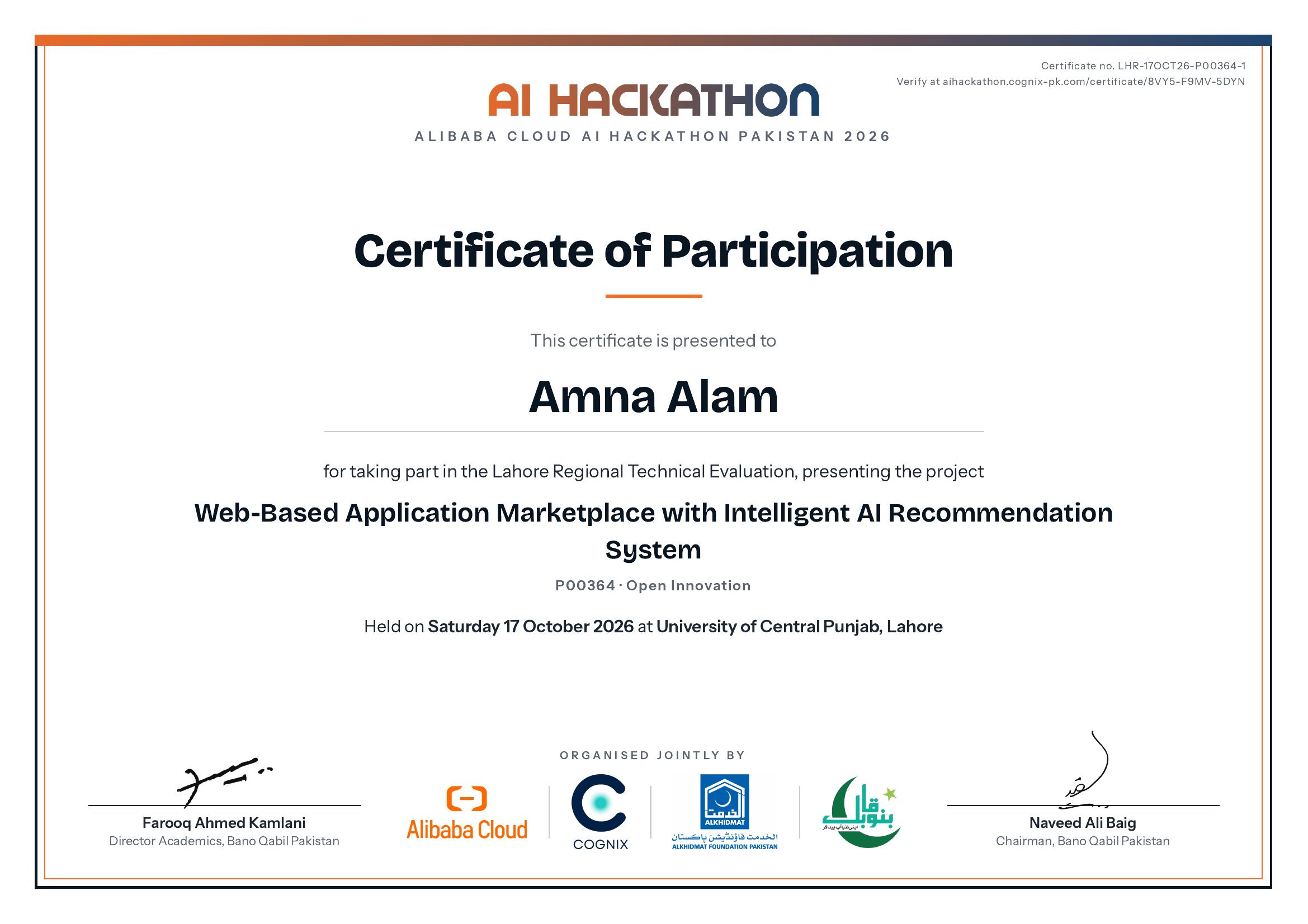 Certificate of Participation issued to Amna Alam