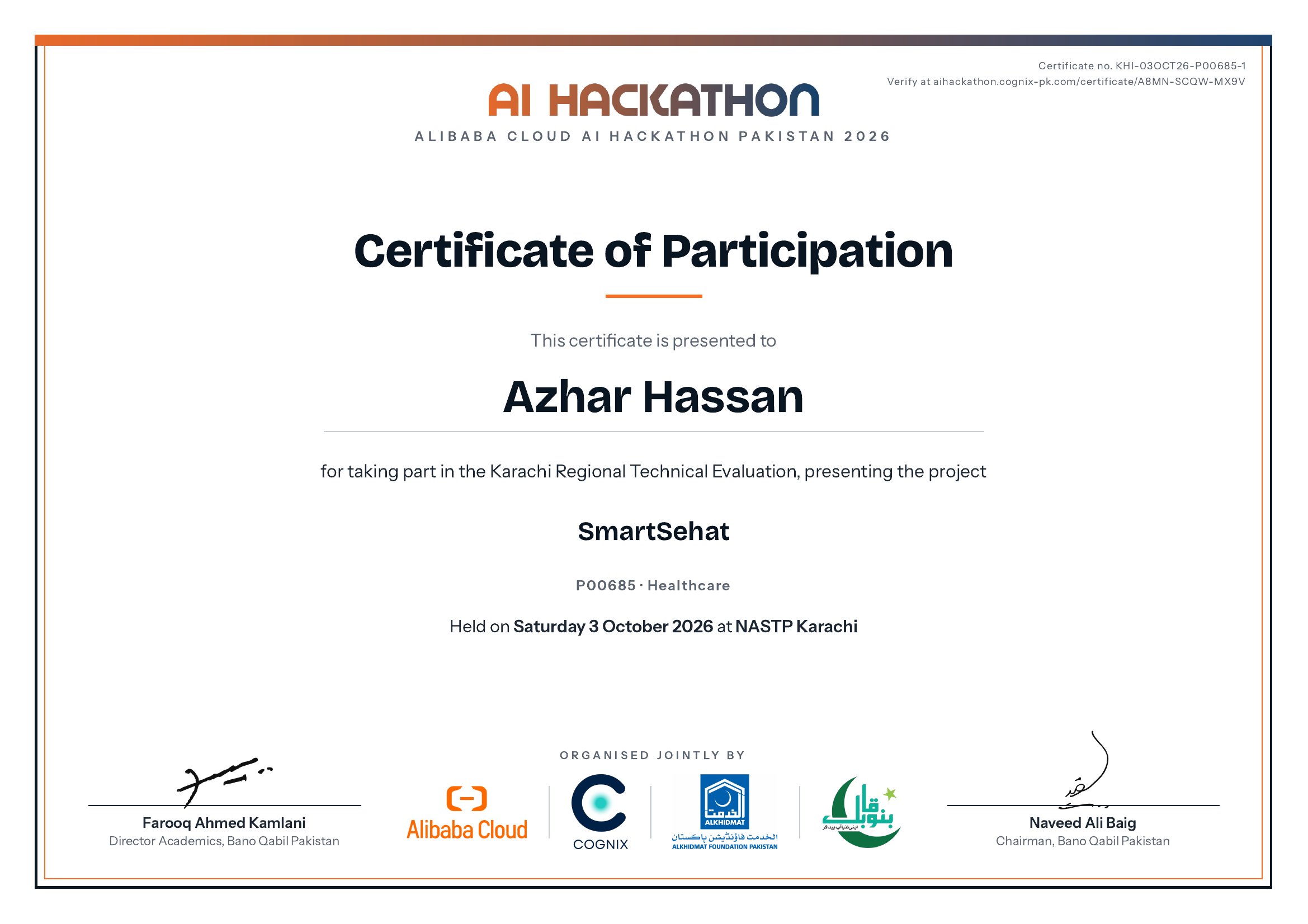 Certificate of Participation issued to Azhar Hassan