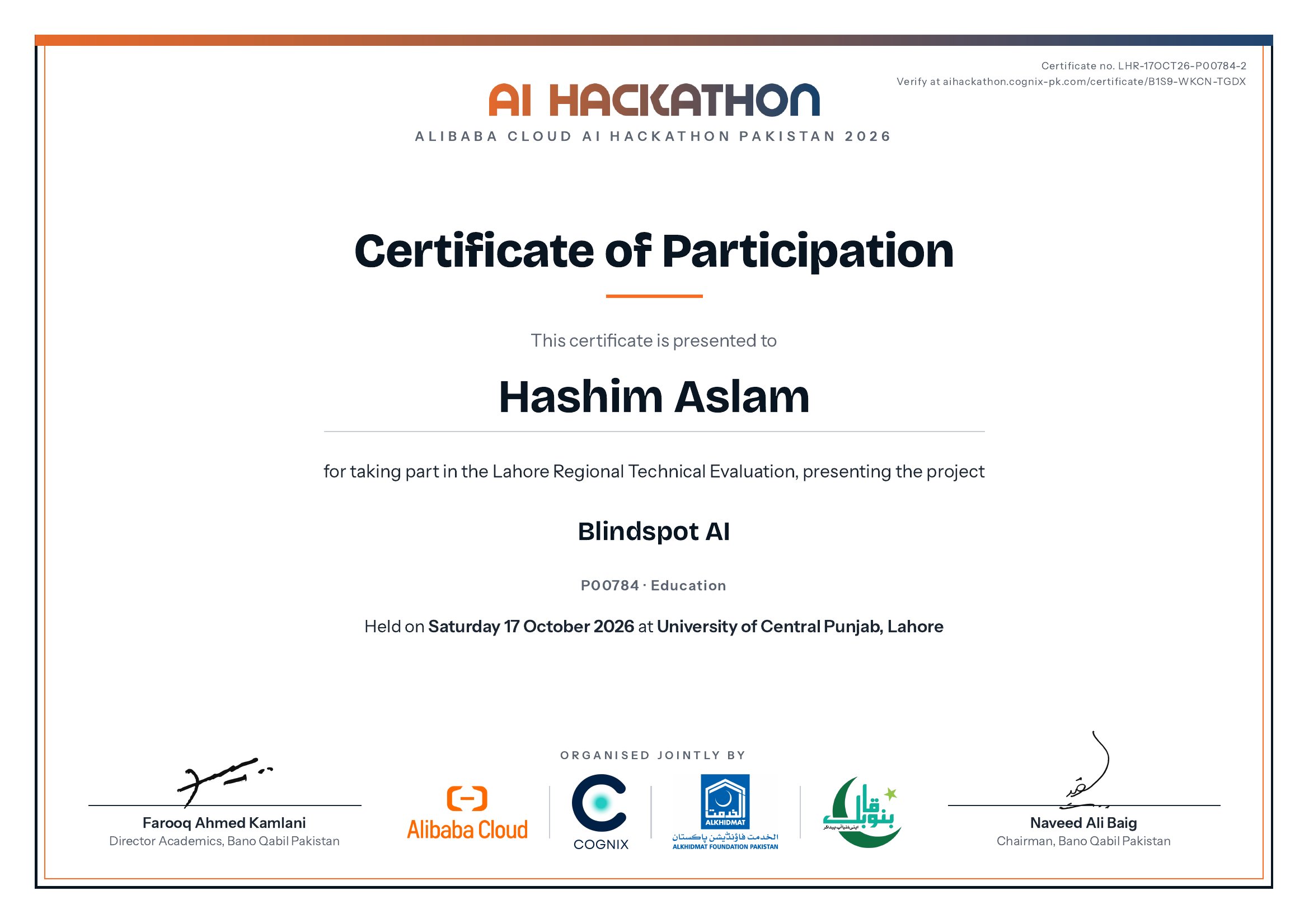 Certificate of Participation issued to Hashim Aslam