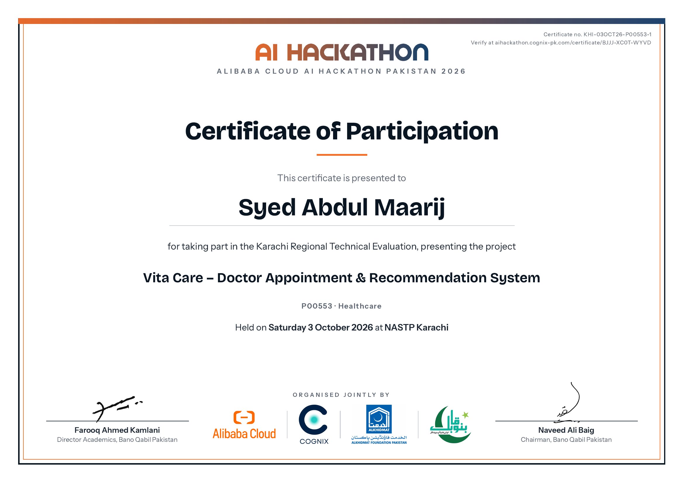 Certificate of Participation issued to Syed Abdul Maarij