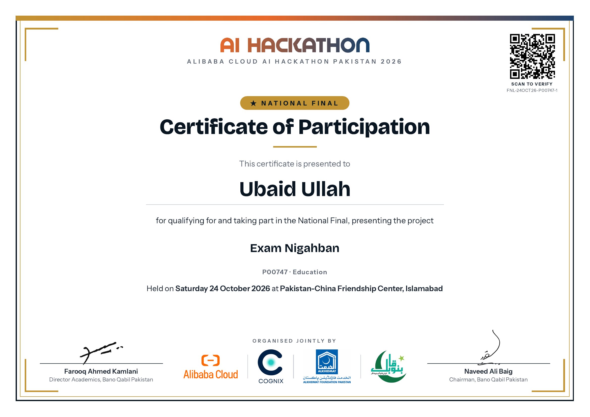 Certificate of Participation issued to Ubaid Ullah
