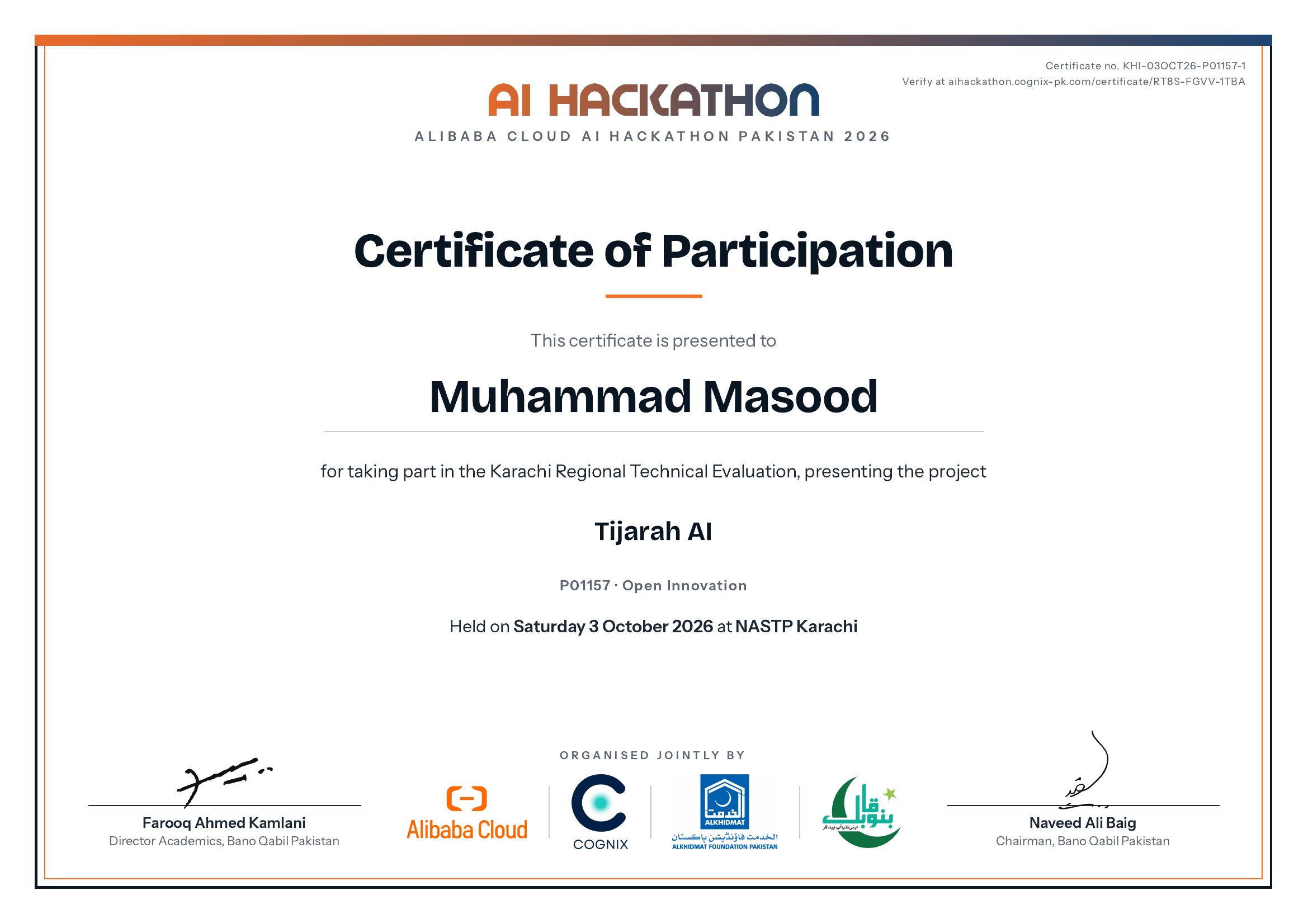 Certificate of Participation issued to Muhammad Masood