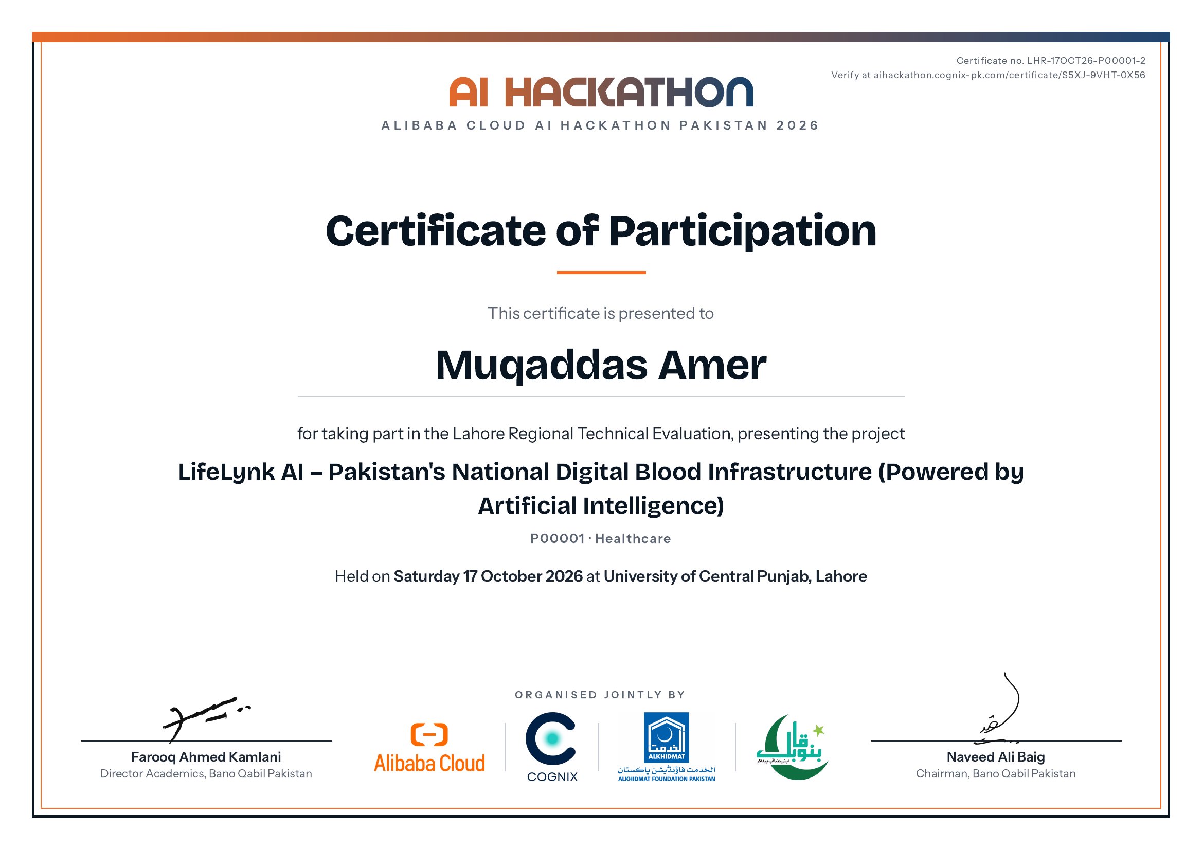 Certificate of Participation issued to Muqaddas Amer