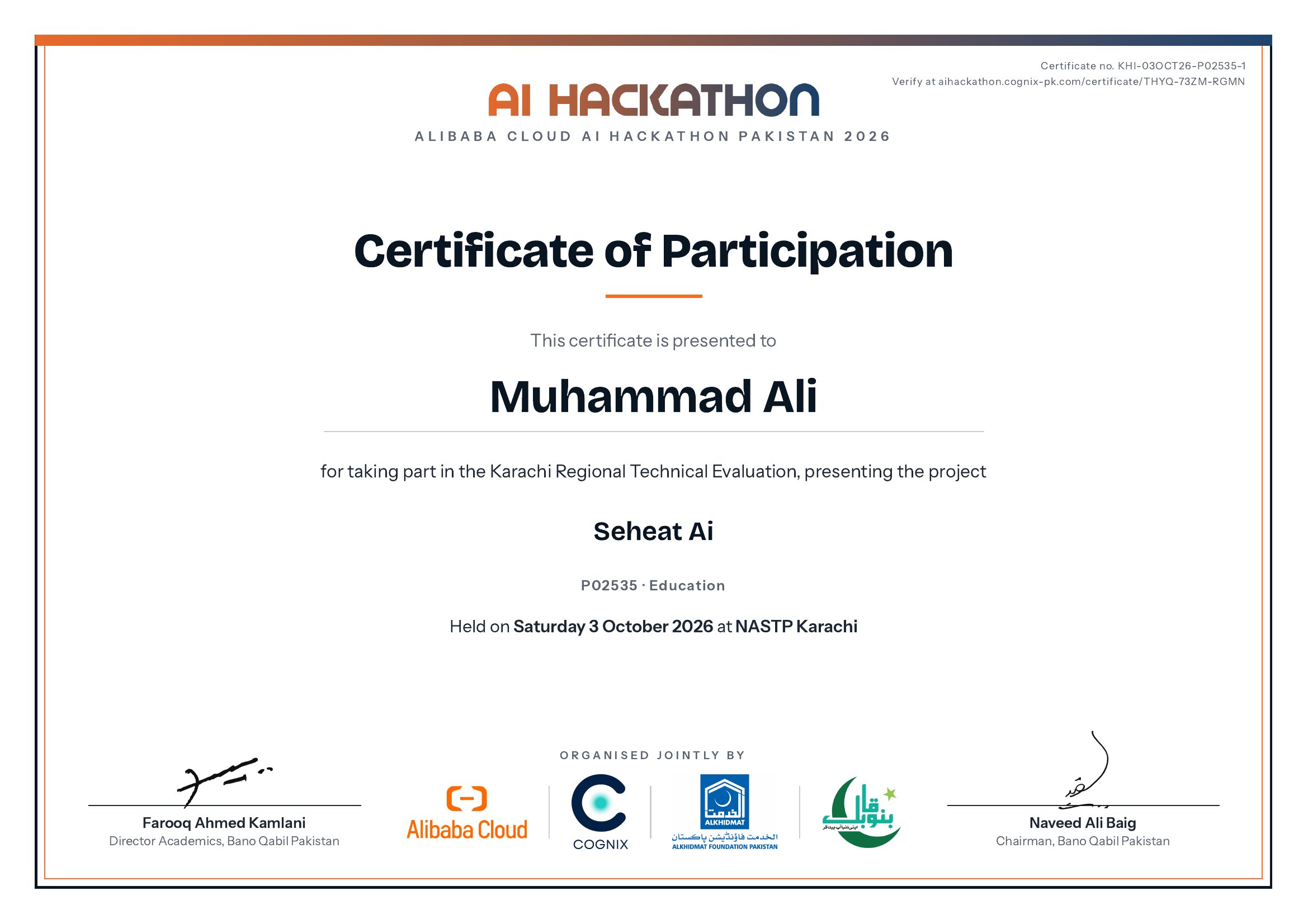 Certificate of Participation issued to Muhammad Ali
